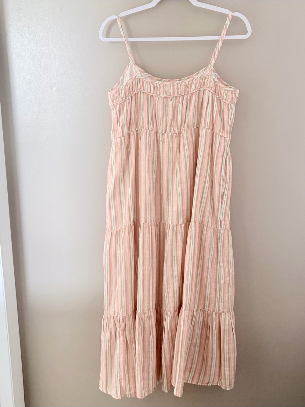 Aerie Striped Tiered Midi Dress Pastel Pink Green Medium Boho Summer Sundress - Picture 4 of 6